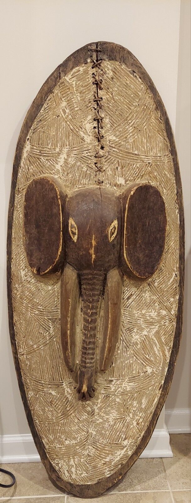 African Tribal Shield With Elephant Carving Handmade