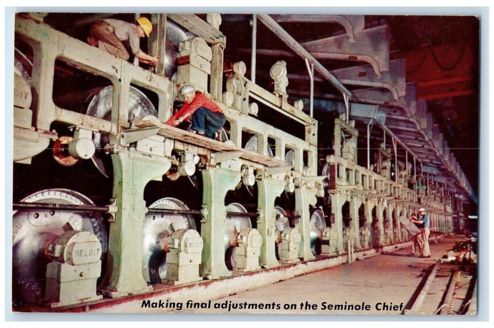 c1960 Making Final Adjustments Seminole Chief Kraft Linerboard Machine Postcard