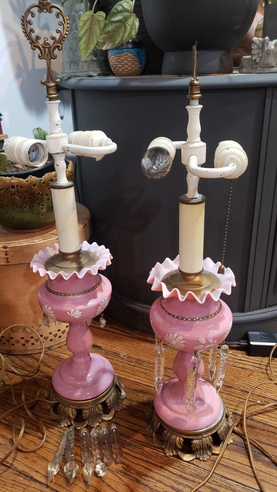 Antique Pair of Pink Art Opaline Glass Mantle Luster Lamps