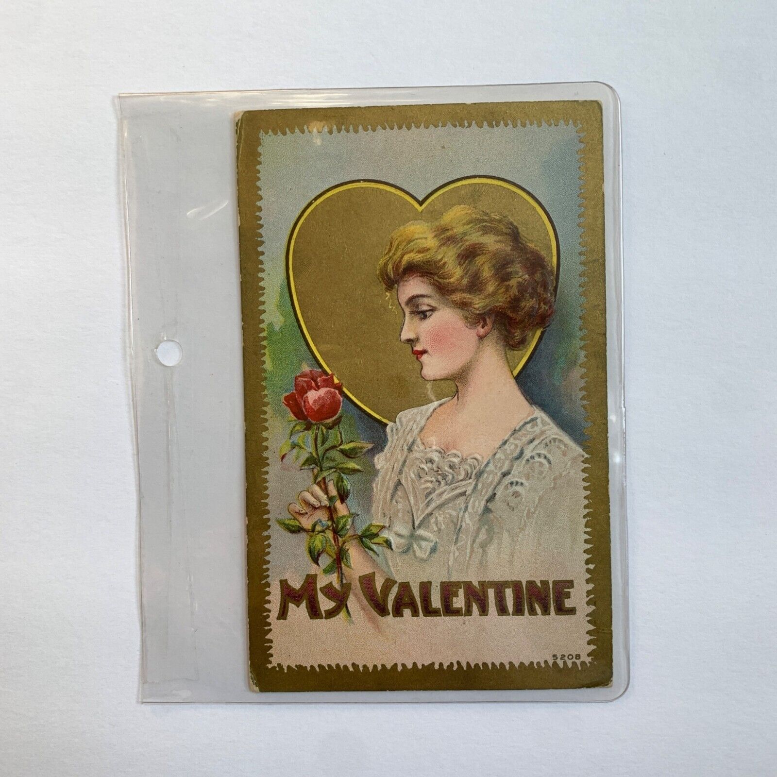 1910 Antique Valentine's Day Postcard Stamped Woman Heart Rose