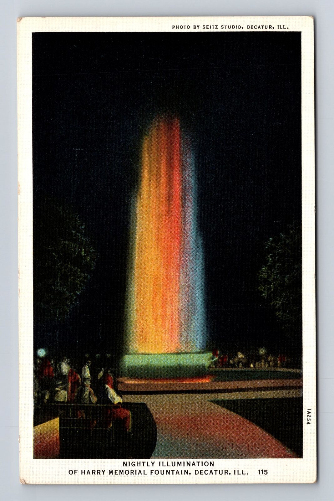 Decatur IL-Illinois, Night Illumination Harry Memorial Fountain Vintage Postcard