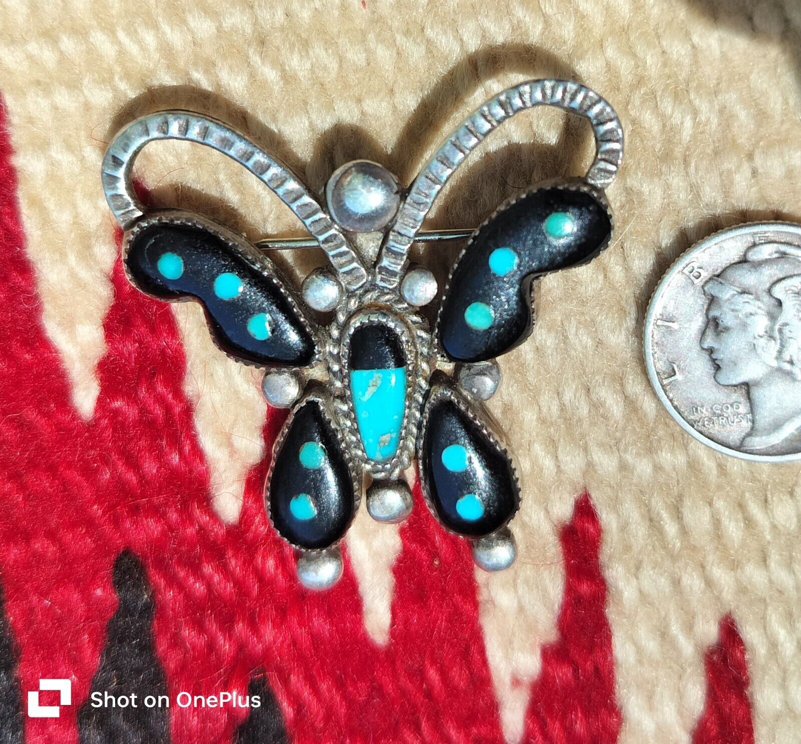 Rare Beautiful Vintage Hopi Inlaid Sterling Butterfly Turquoise & Jet brooch