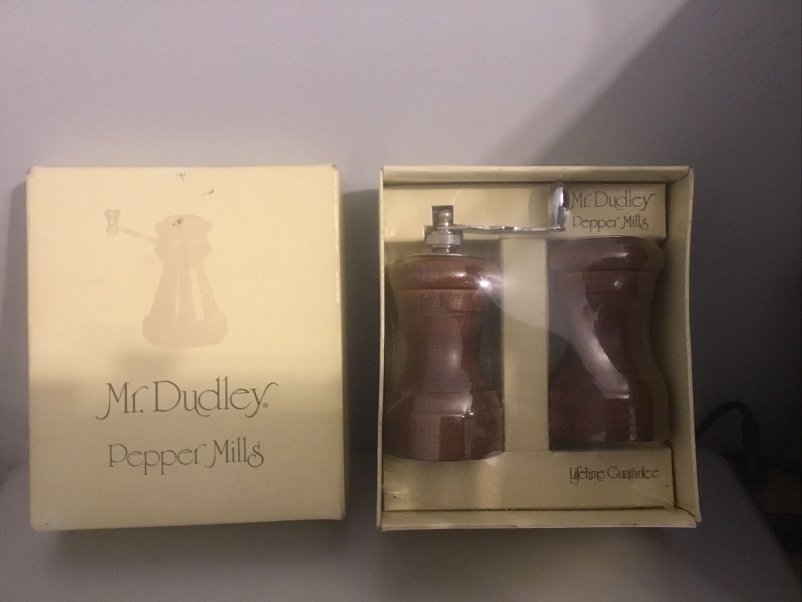 Mr. Dudley Pepper Mill & Salt Shaker. Approx 4”. Vintage. Wood. New In Box