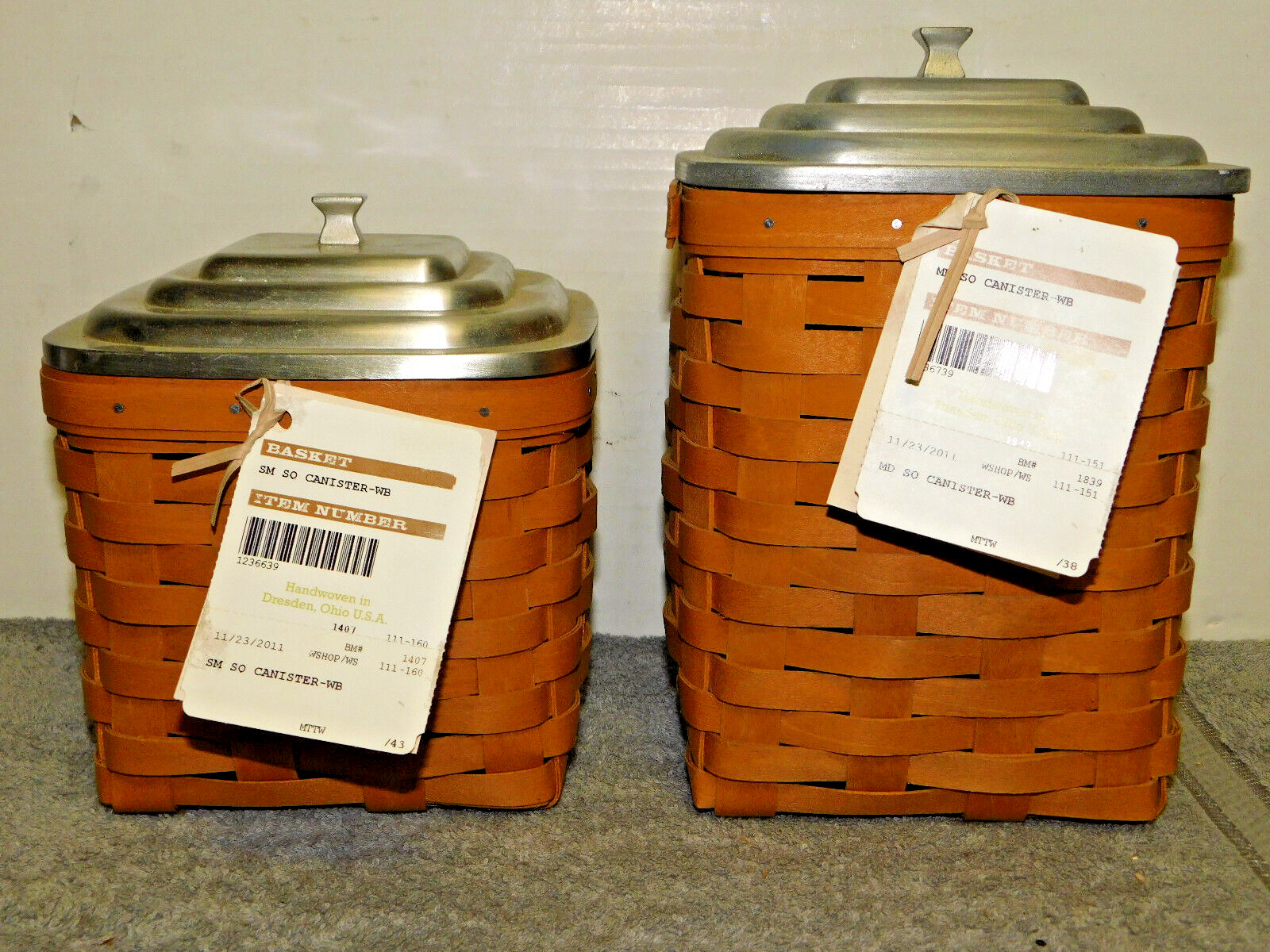 Longaberger Small & Med. Square Canisters with Pewter Lids 6x6\