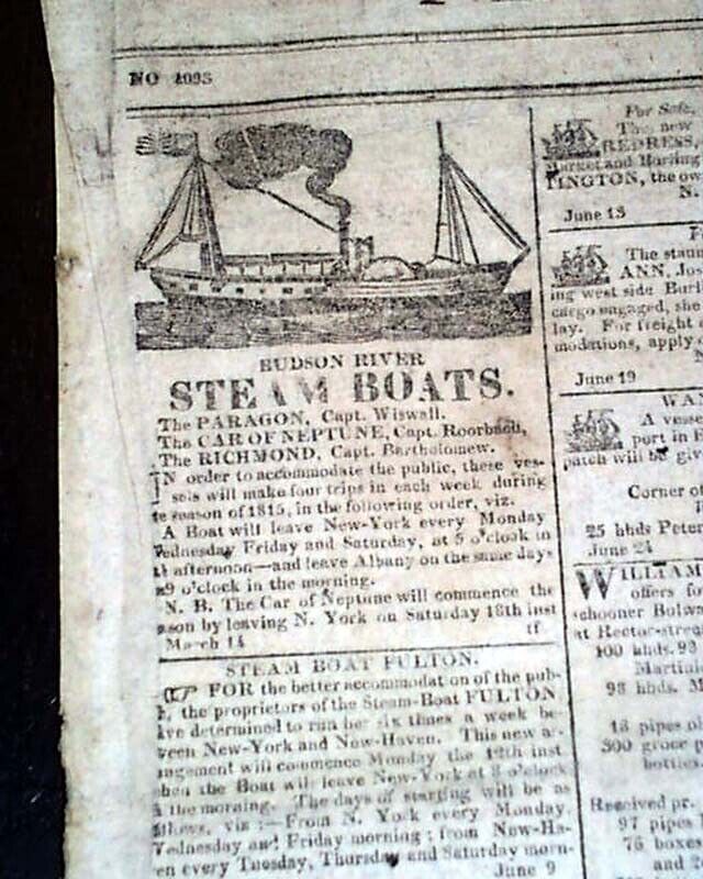 19th Century New York City 1815 Newspaper w/ Steamboat Stagecoach Advertisements