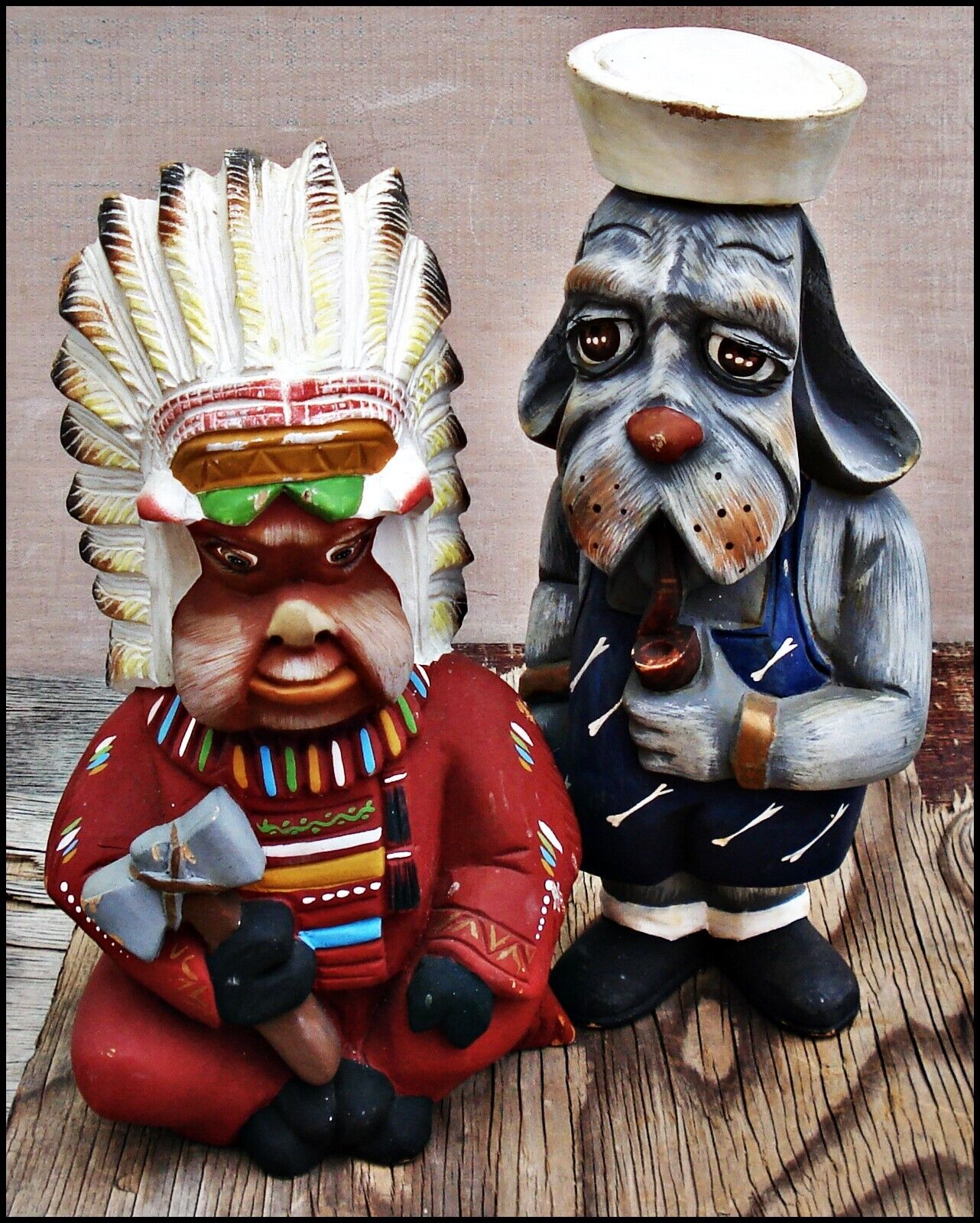 2 Vtg Wood FIGURINES Carvings BULLDOG Indian Chief 12\