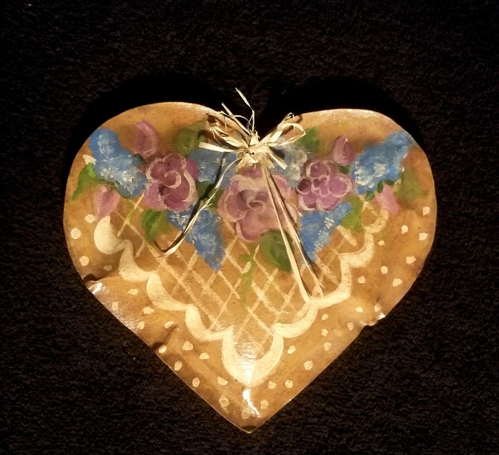 Fabulous Hand Painted Paper Mache Valentine Heart With Purple Flowers