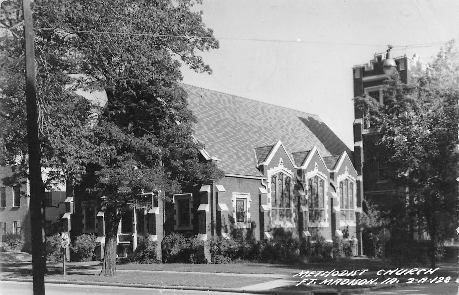 Fort Madison IA Methodist Church~Trio of Arch, Dormer Windows~Belfy RPPC 1955