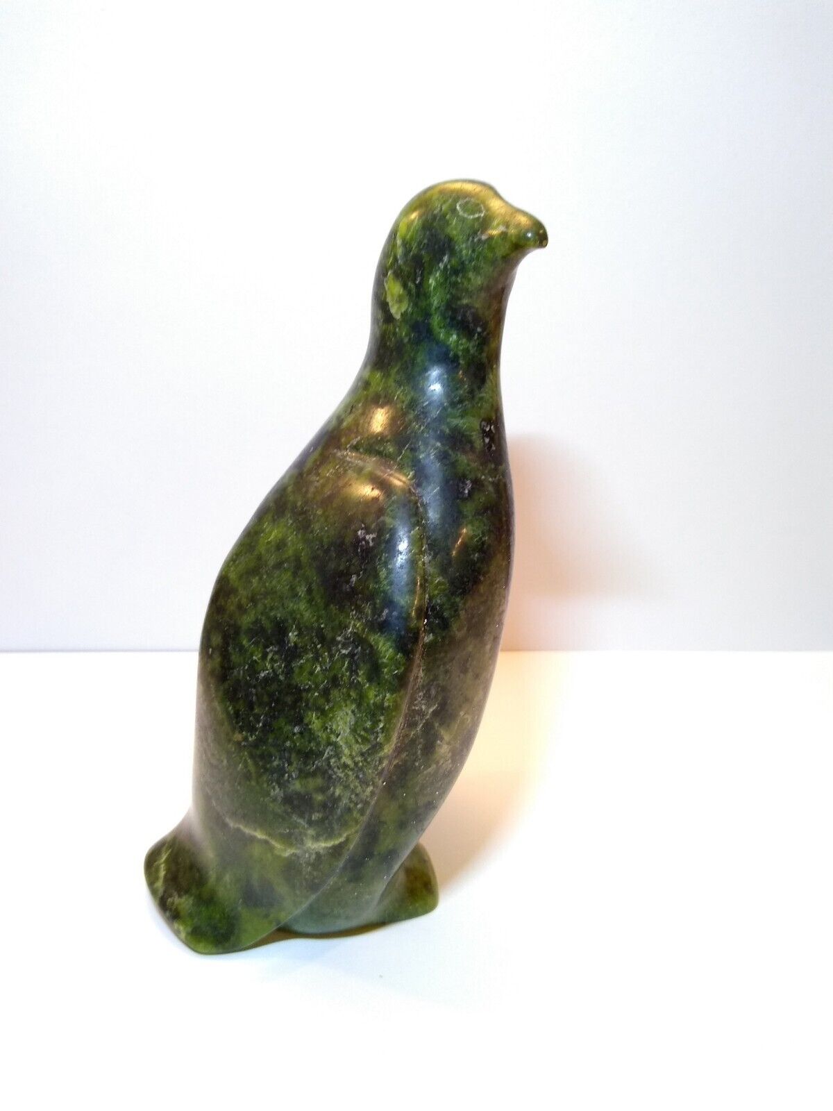 Inuit Penguin Carving Serpentine Green and Black Mottled Hard Stone