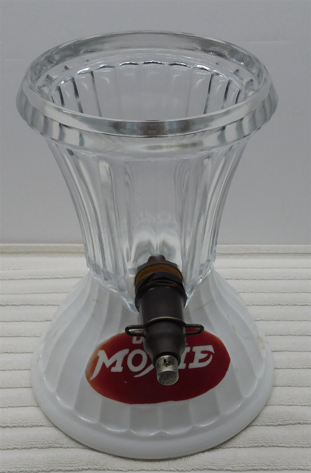 Vintage Drink Moxie Soda Fountain Milk Glass Base Counter Top Syrup Dispenser
