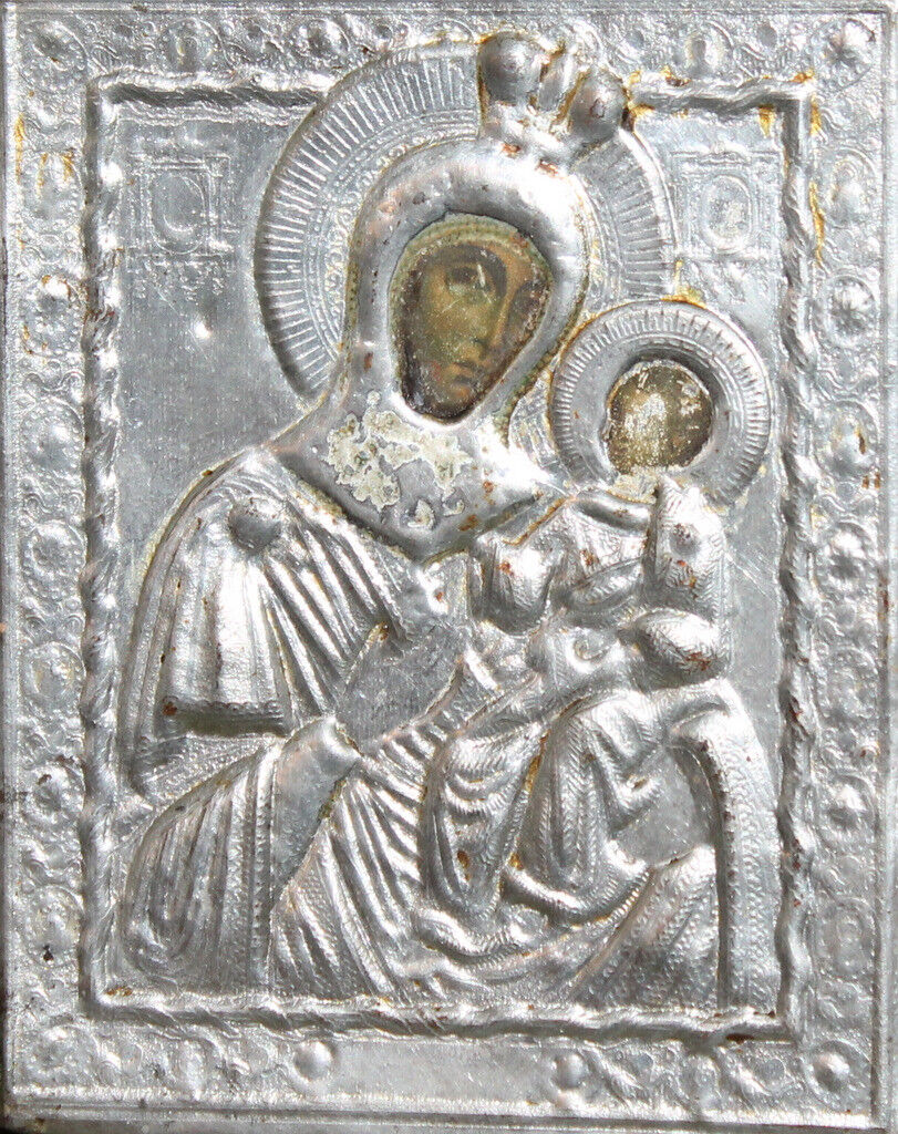 Vintage small printed icon with metal facing The Virgin Mary