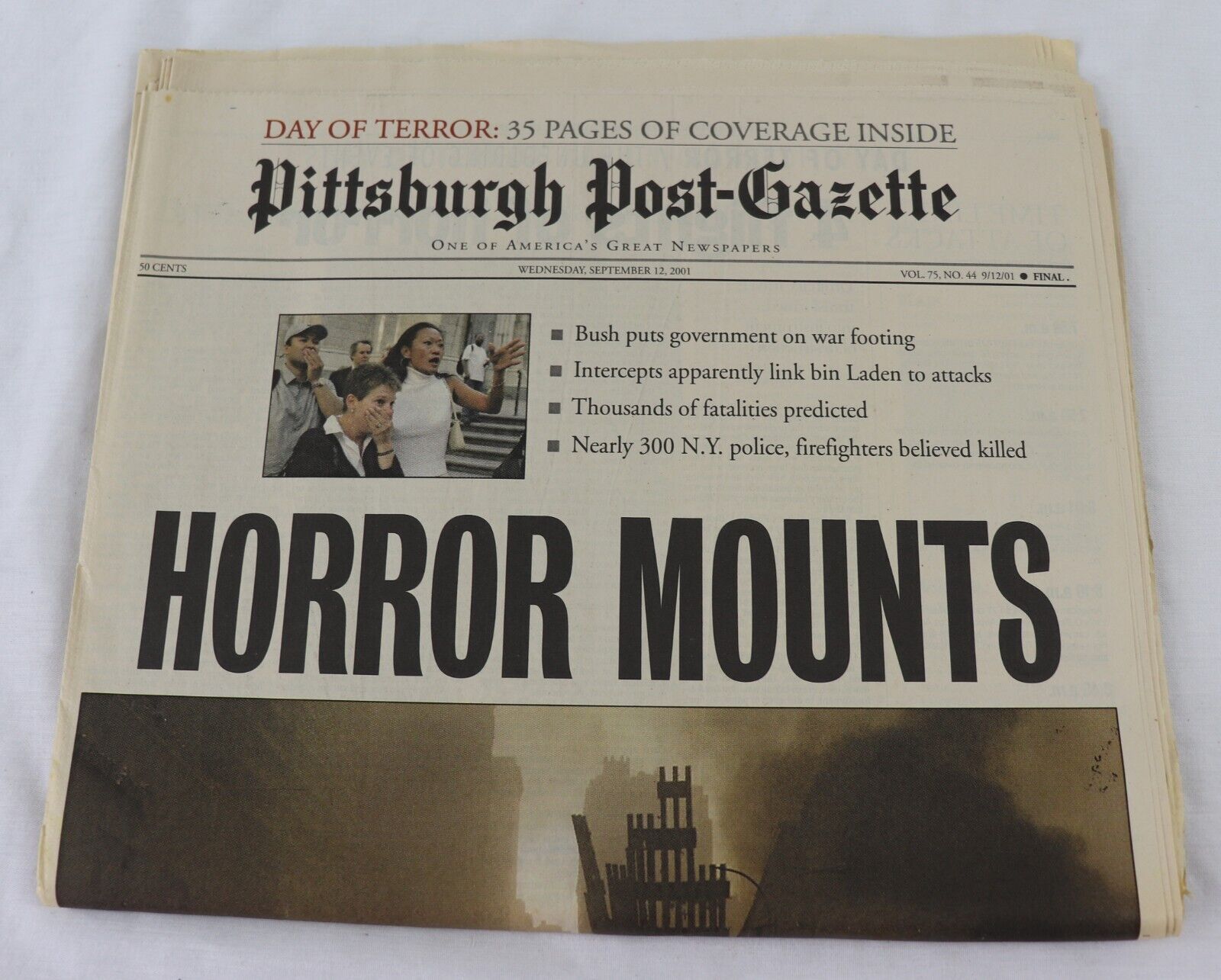 VINTAGE 9/12/01 Pittsburgh Post Gazette Newspaper September 11 2001