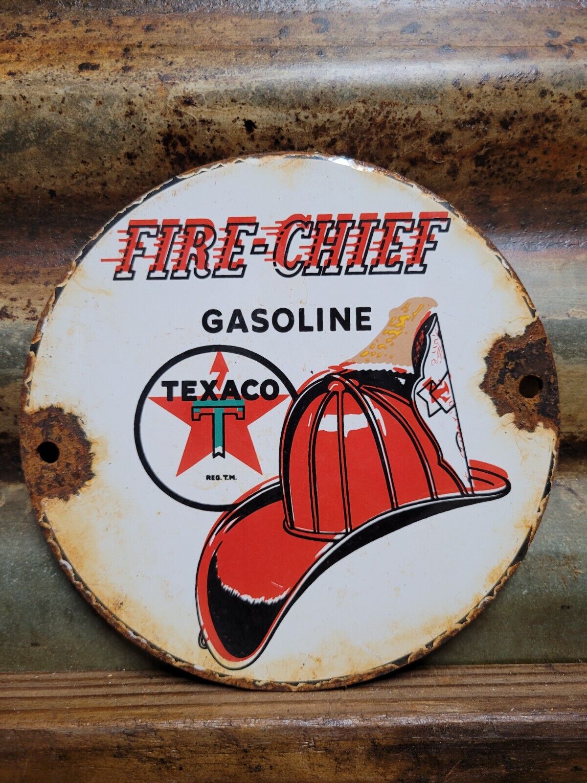 VINTAGE TEXACO PORCELAIN SIGN OLD FIRE CHIEF GAS STATION PUMP PLATE MOTOR OIL 6\