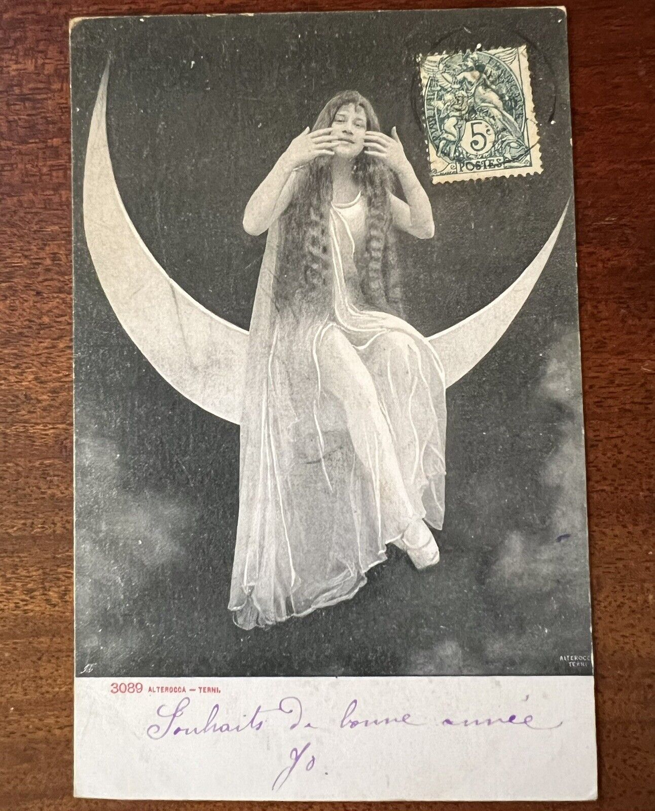 ATQ c.1905 French Postcard Beautiful Pretty Long-haired Woman on Paper Moon