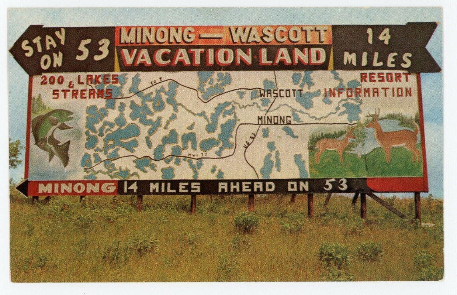 Minong Wisconsin Vacation land Billboard Postcard Wascott Wi