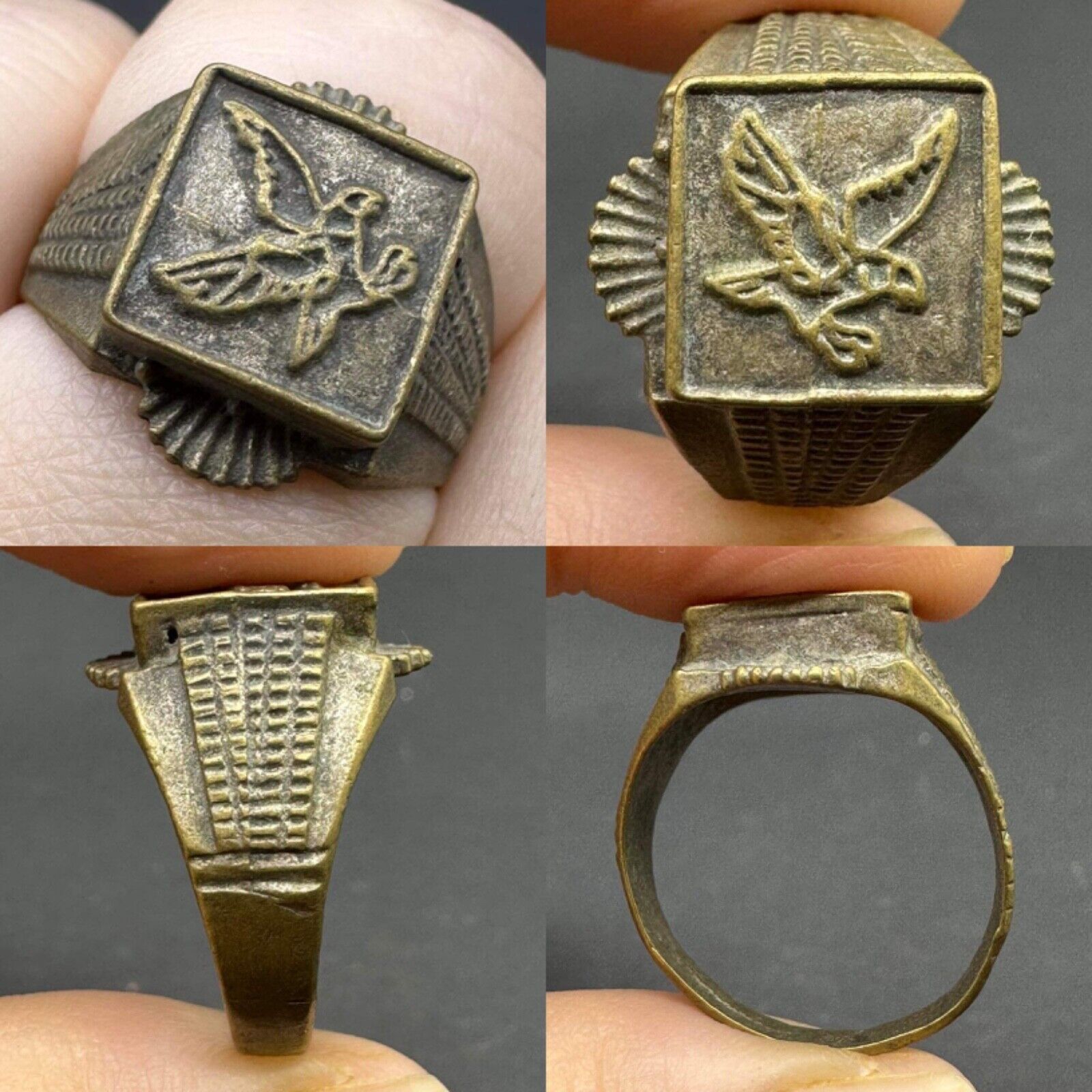 Beautiful Rare Vintage Old Bronze Ring With Eagle Engraved Mixed Slivered Ring