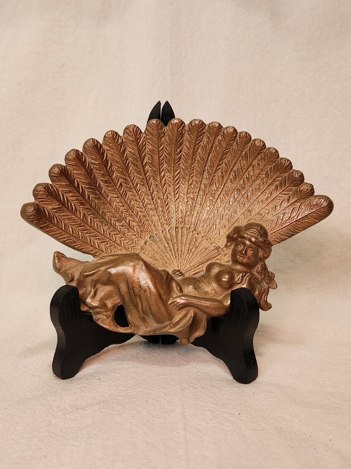 Antique Bronze Art Nouveau Peacock Fan Trinket Dish/Change Tray