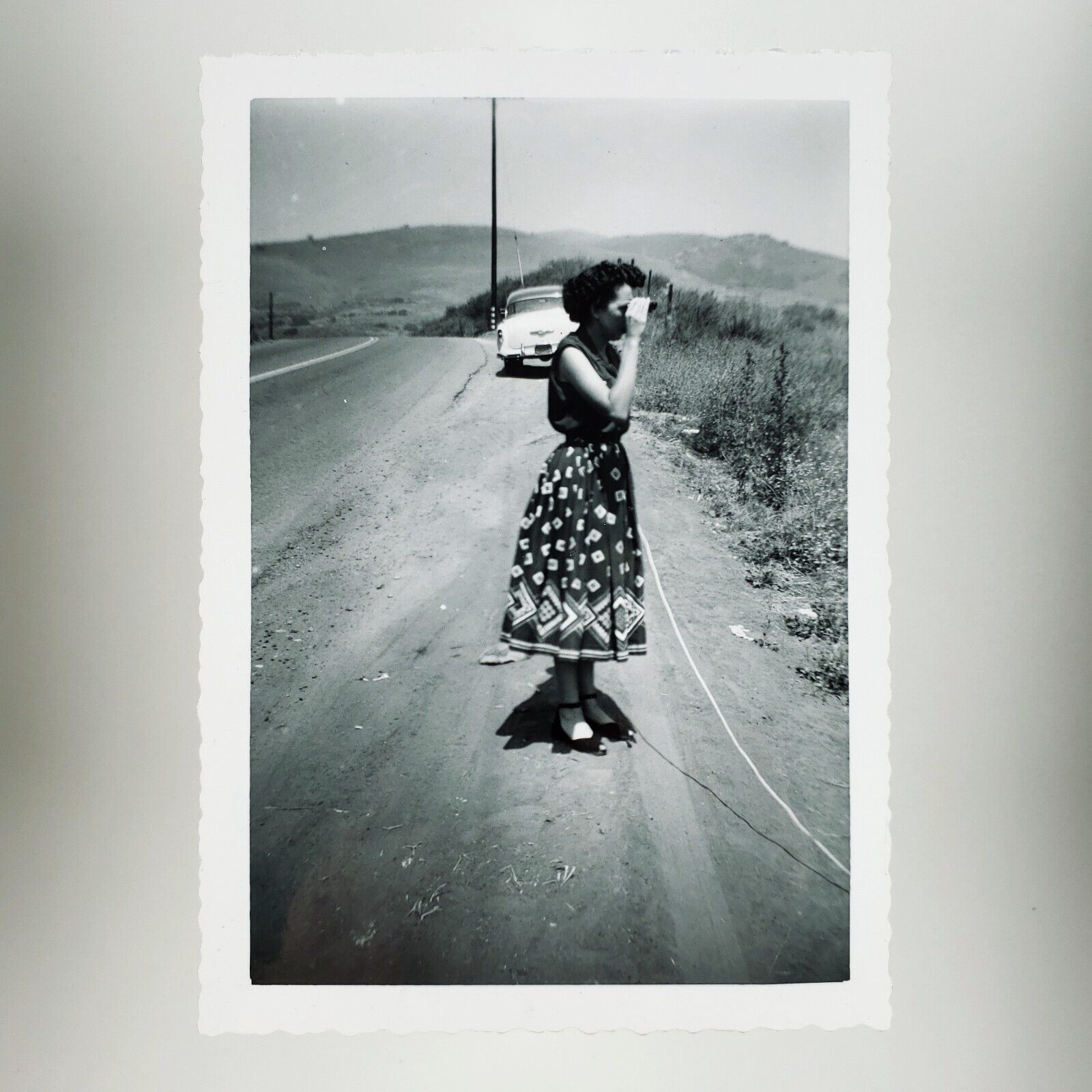 Woman Looking Through Binoculars Photo 1950s Highway Irvine Lake California H979