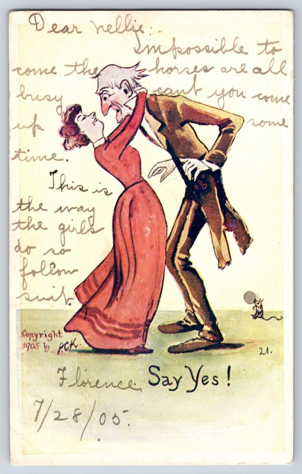 Say Yes Woman Proposing to Old Man 1905 Comic Postcard UDB Posted
