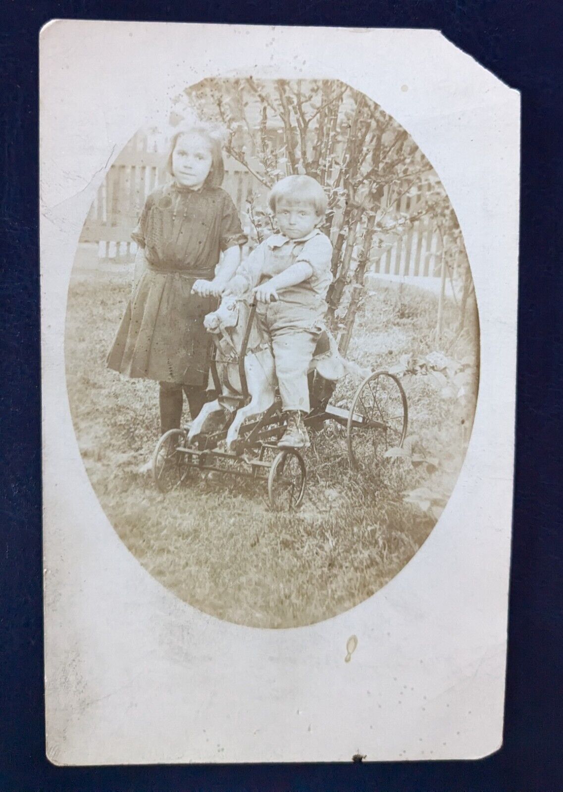 Rare Vintage RPPC Real Photo Postcard 1900s Children Toy Horseon Wheels K21