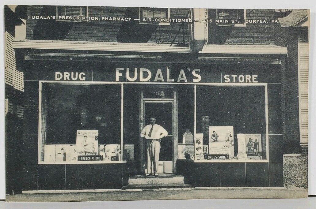 Duryea Pa Fudala\'s Drug Store Soda Fountain with Mr Fudula Posing Postcard M10
