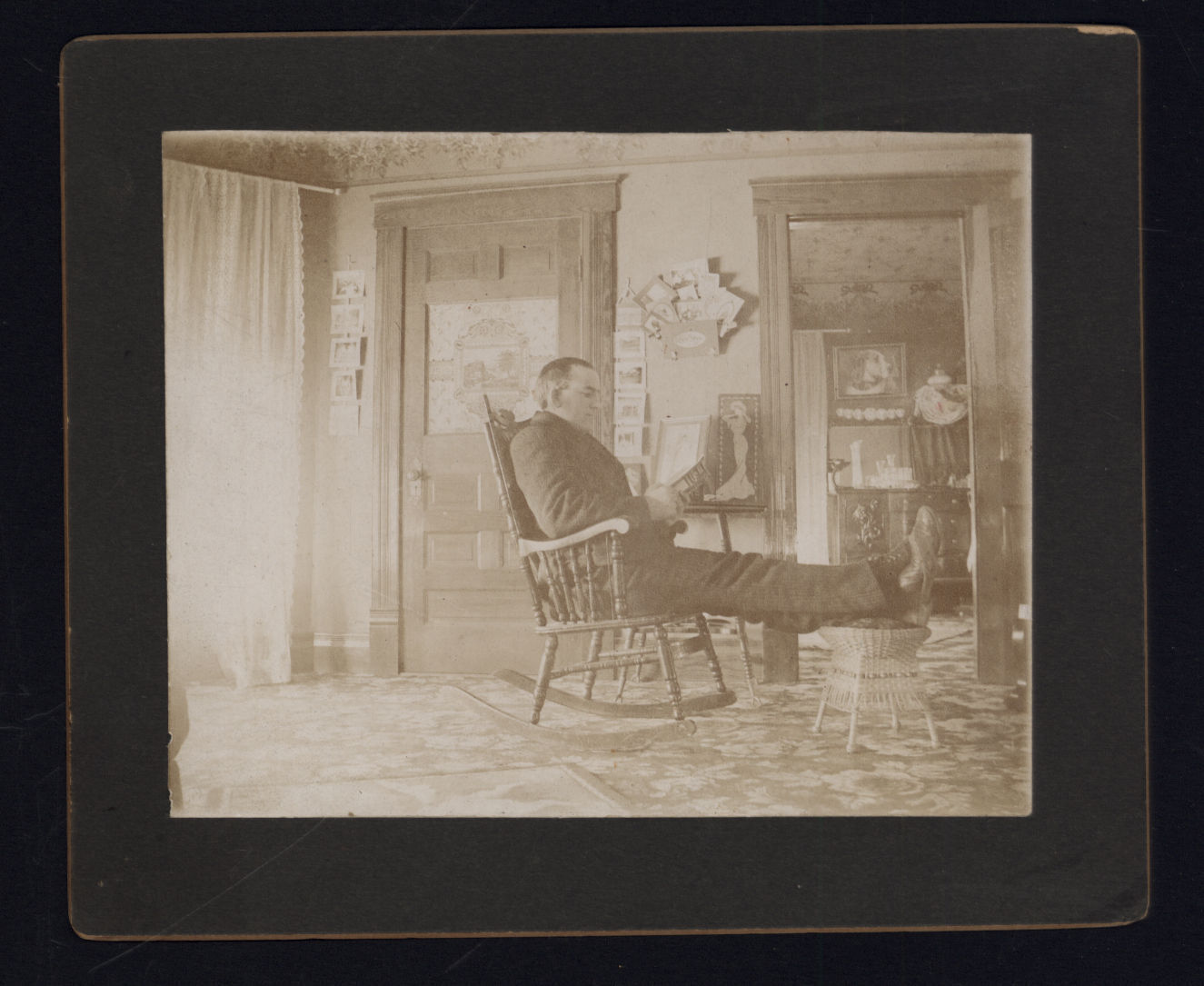from ALBUM * CABINET CARD photo - MAN in ROCKING CHAIR using Footstool HOME