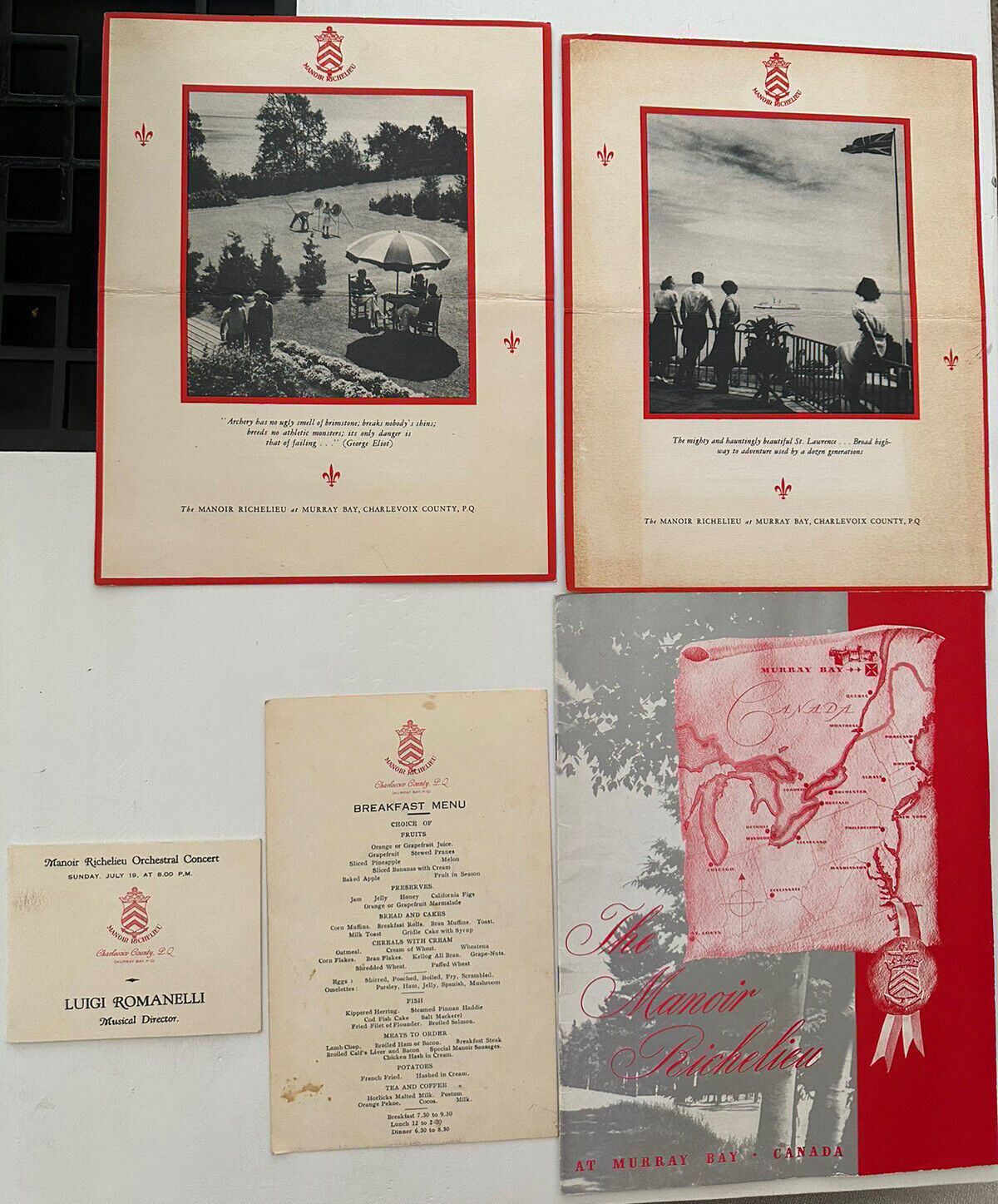 The Manoir Richelieu Booklet Murray Bay, Quebec Canada Menus, Orchestra Tkt 1942