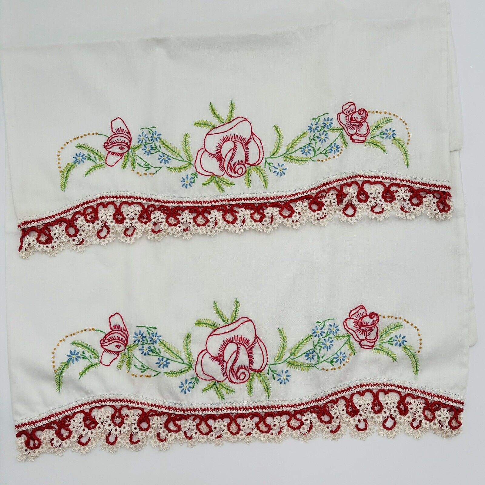 2 Vintage Cotton Pillowcases Embroidered Red Rose Blue Flowers Crochet Lace Trim