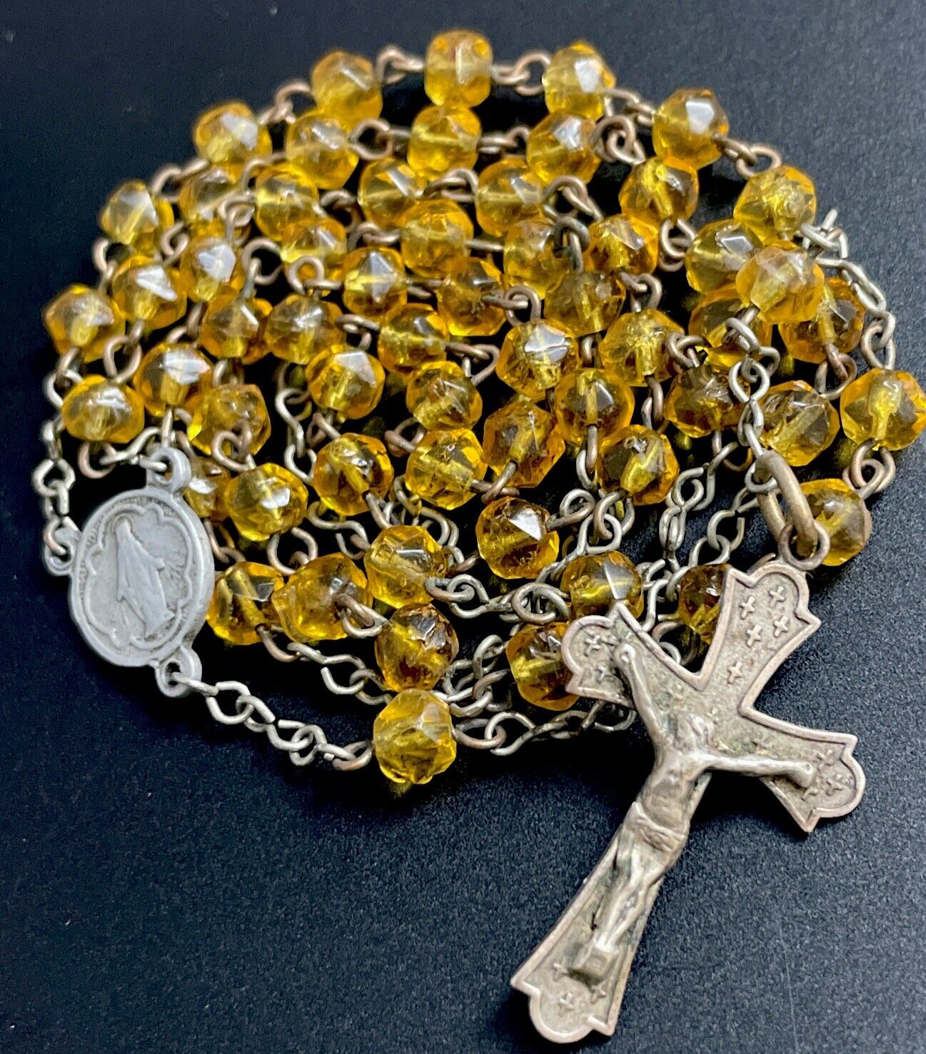 Vintage Catholic Amber Glass Petite Rosary Silver Tone  Crucifix, France