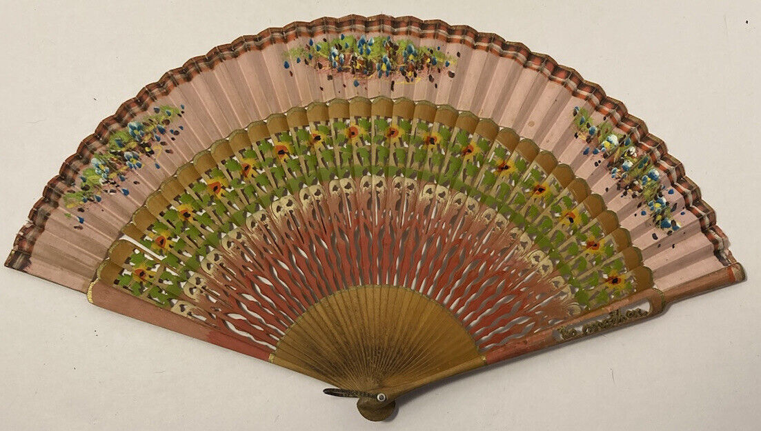 WWII era carved bamboo fan Momento Japan Mom To Mother Asian Green Red Craft