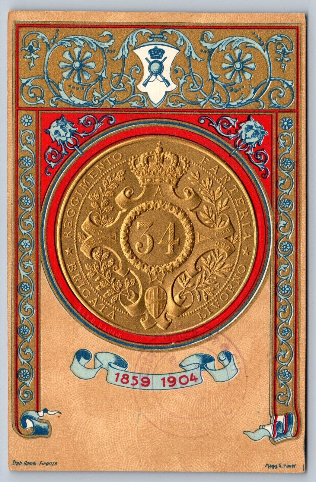 1904 postcard ITALY MILITARY HISTORY BIG EMBOSSED COIN 34 REGGIMENTO BRIGATA