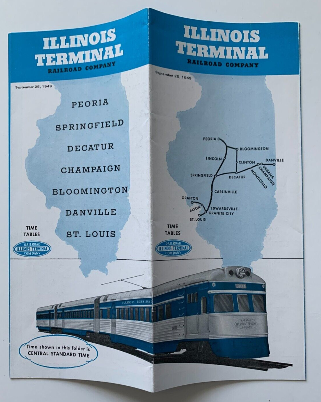 Vintage September 1949 Illinois Terminal Railroad Timetable Brochure map illust