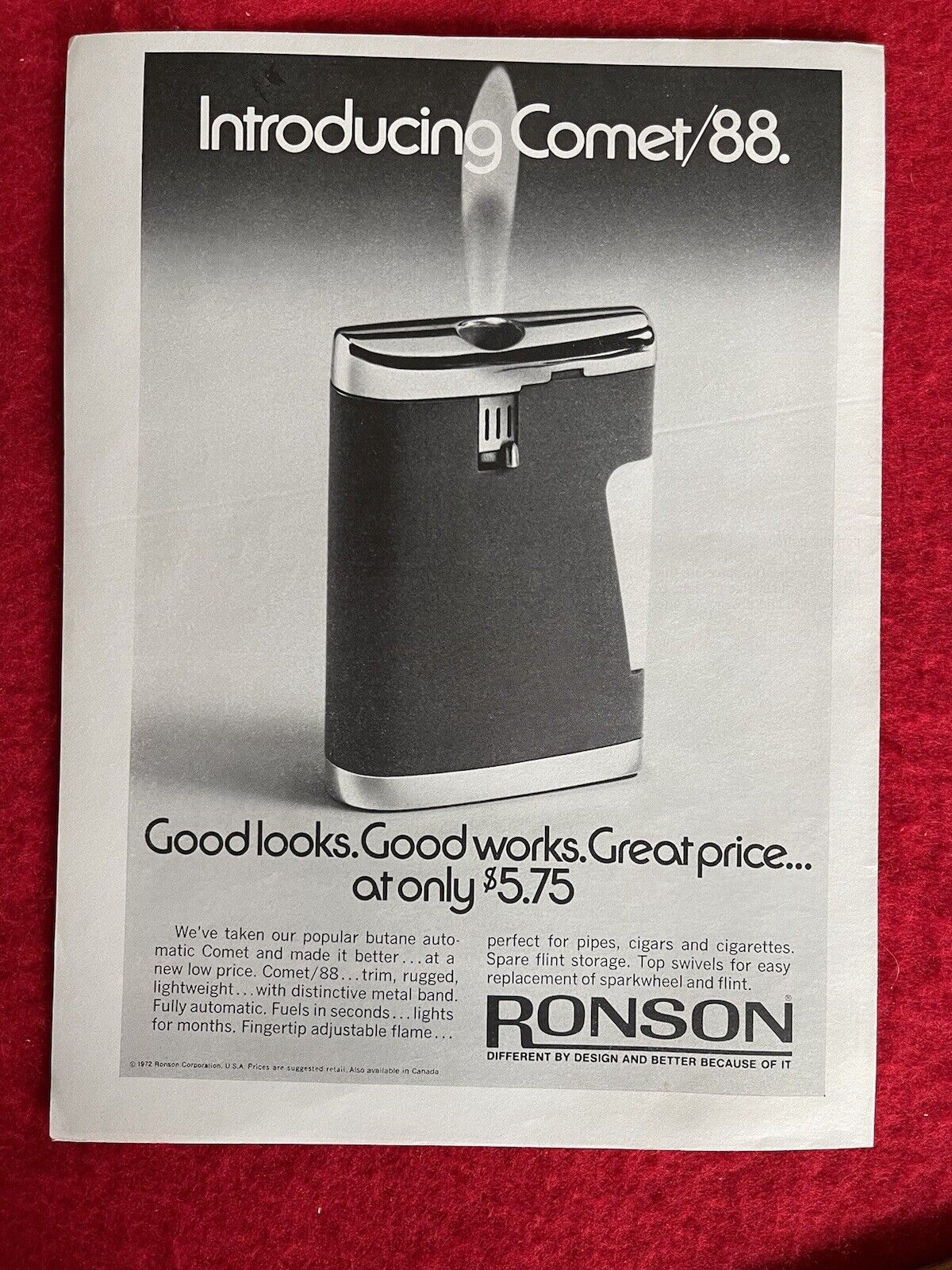 Vintage 1972 Print Ad  Ronson Comet 88 Butane Lighter Advertisement