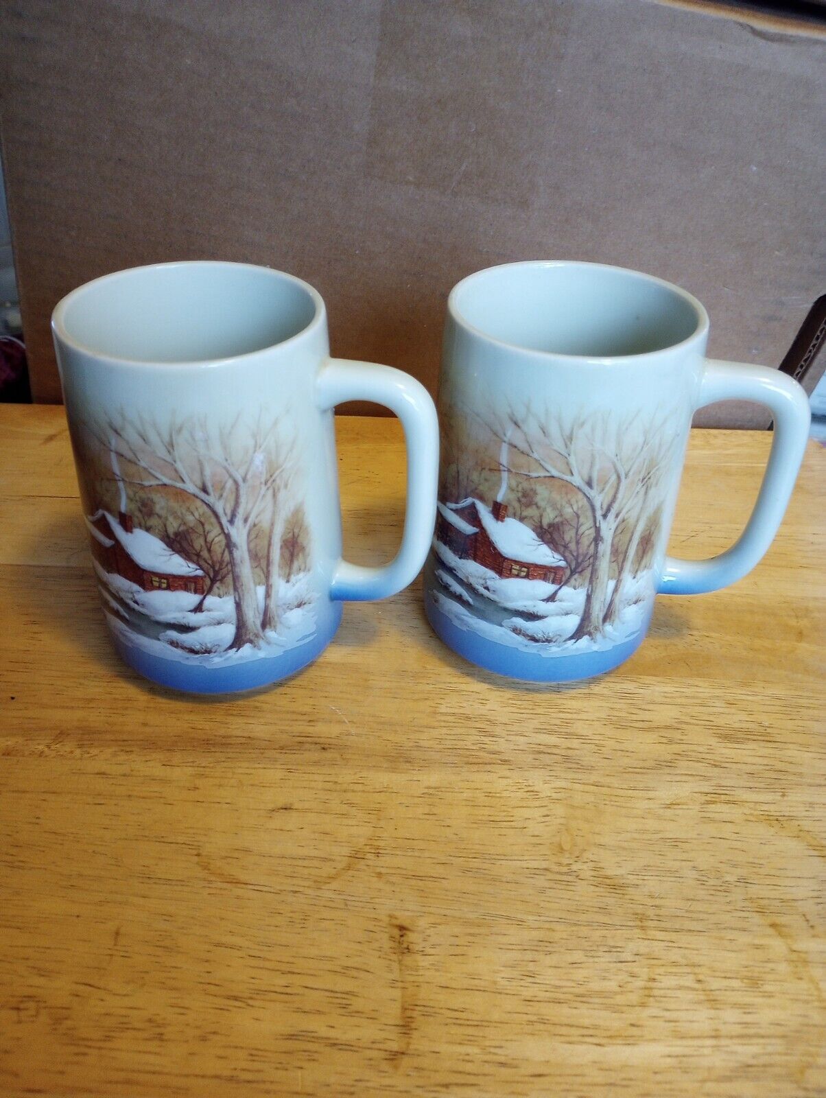 Two Vintage Cups OTAGIRI Stoneware Cabin Country Winter Season Coffee Tall Mugs