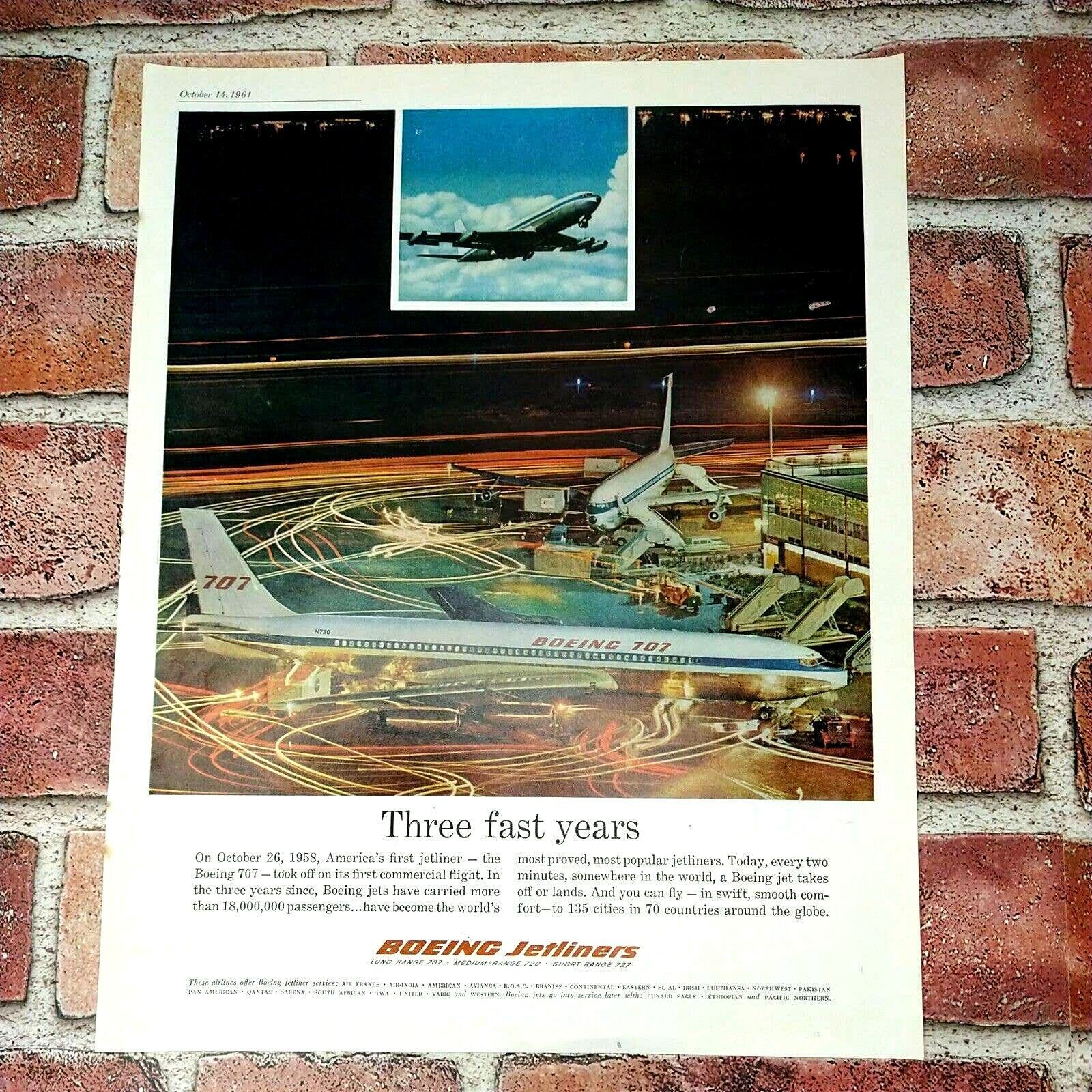 1961 Boeing Jetliner 707 - Light Trails at Airplane Airport - Vtg PRINT AD Retro