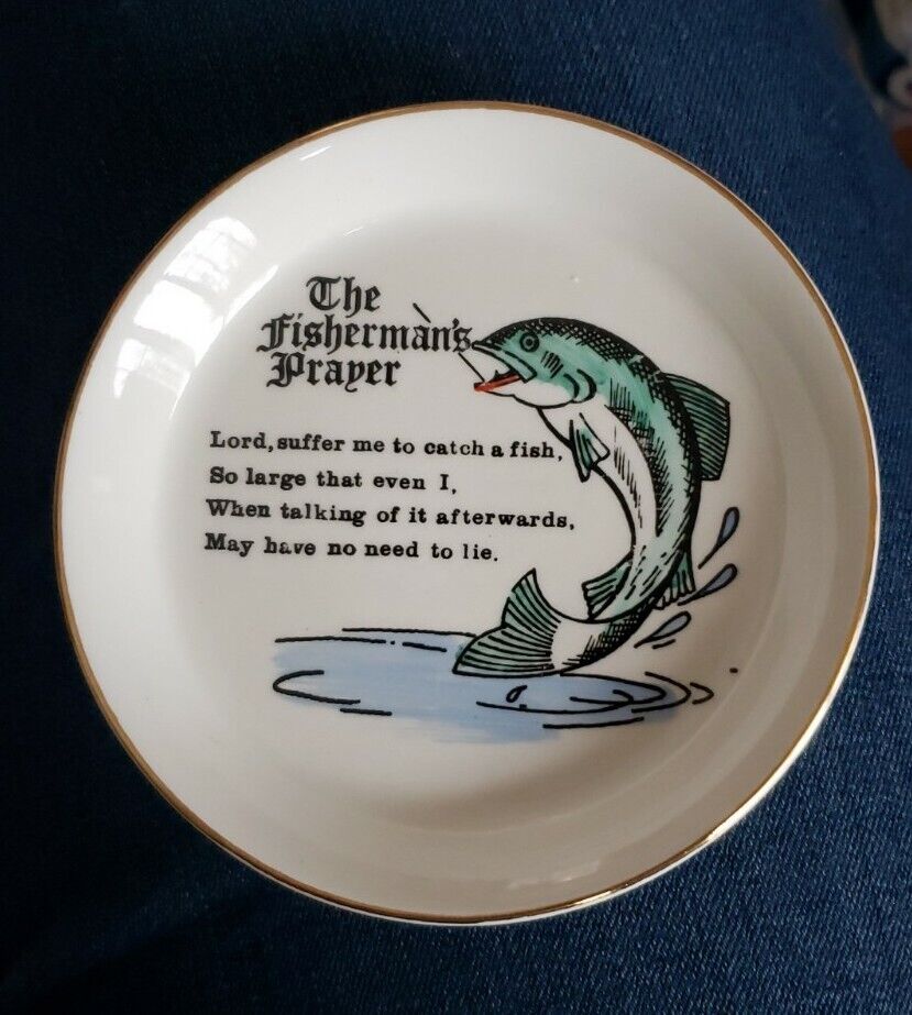 The Fisherman\'s Prayer A Lovely Small 11.5cm Diam Trinket Dish/Saucer Gold Edged