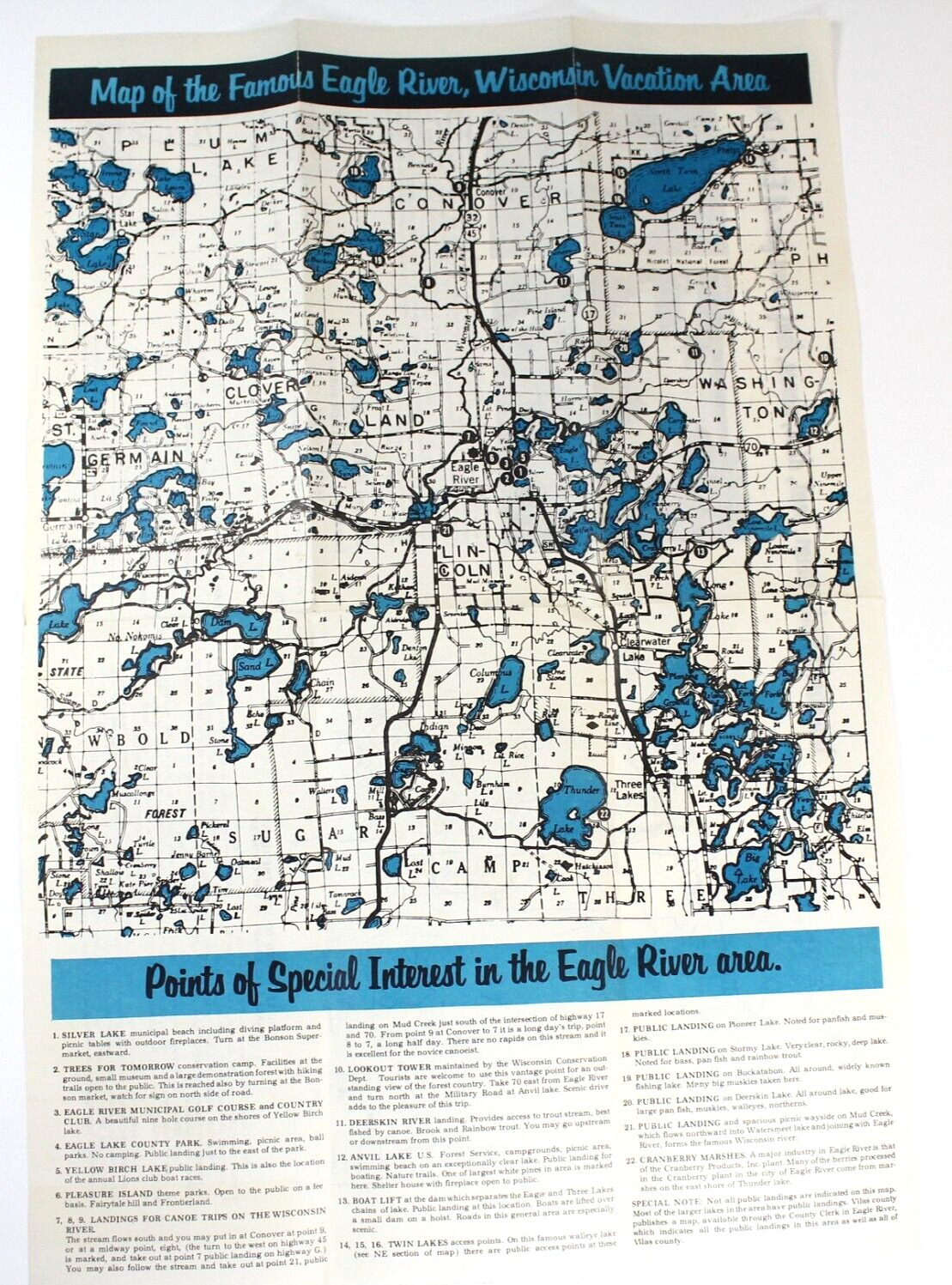 Vintage Eagle River Wisconsin Vacation Area Map and Points of Interest.
