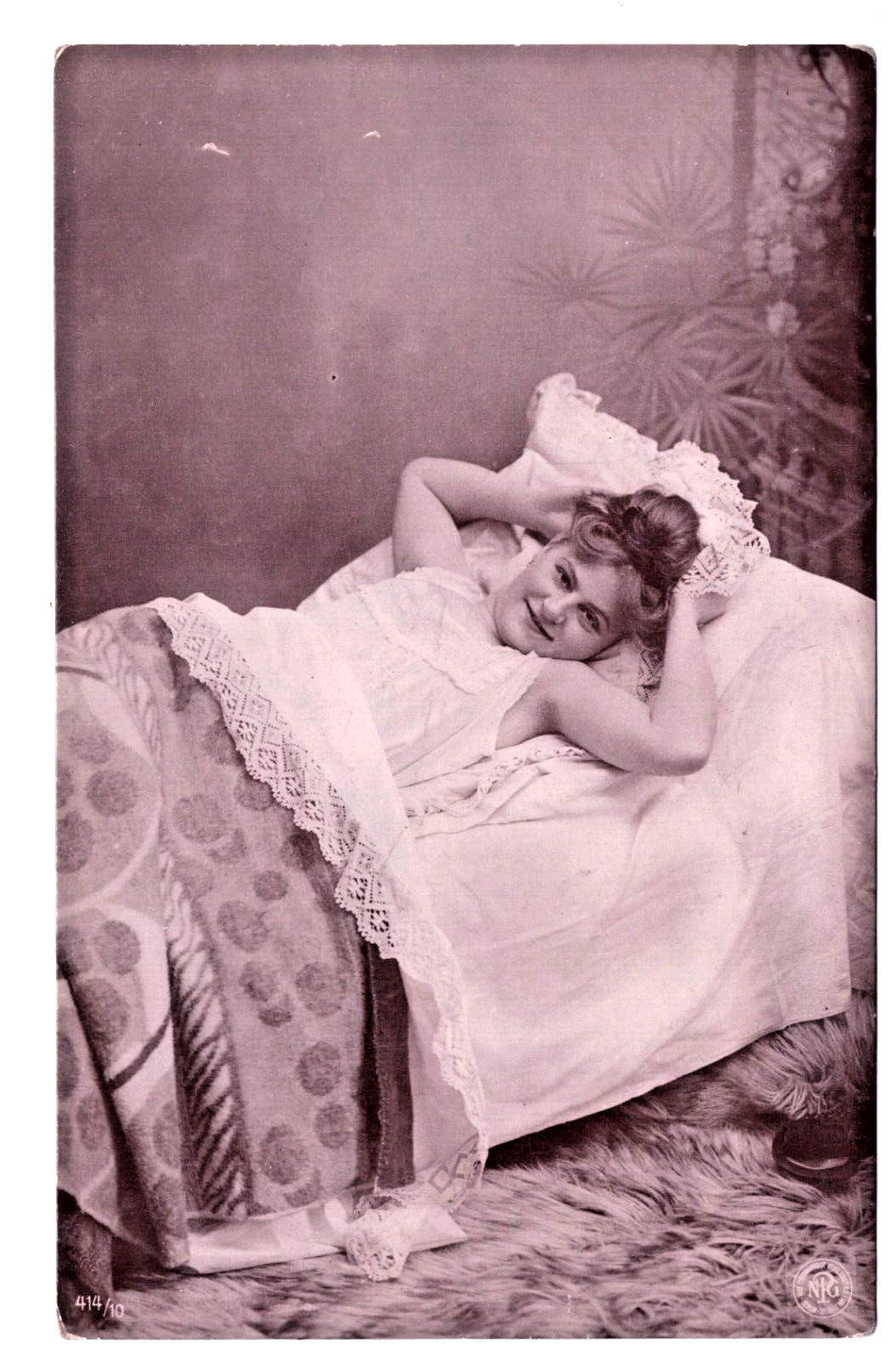 Victorian Pretty Woman in Bed Pose Lace Sheets Fur Rug RPPC Real Photo Postcard