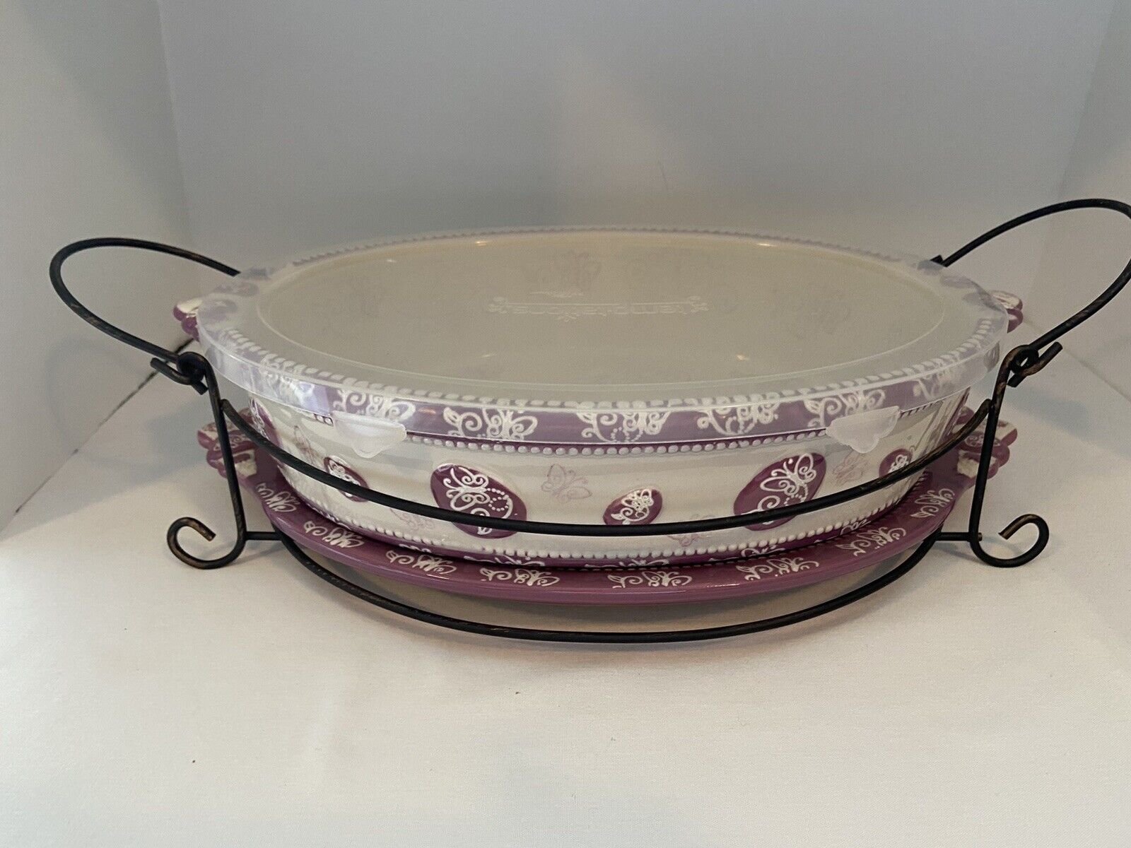 NEW Temptations By Tara Butterfly Lace Purple & Ivory Serving Tray Platter 4 Pcs