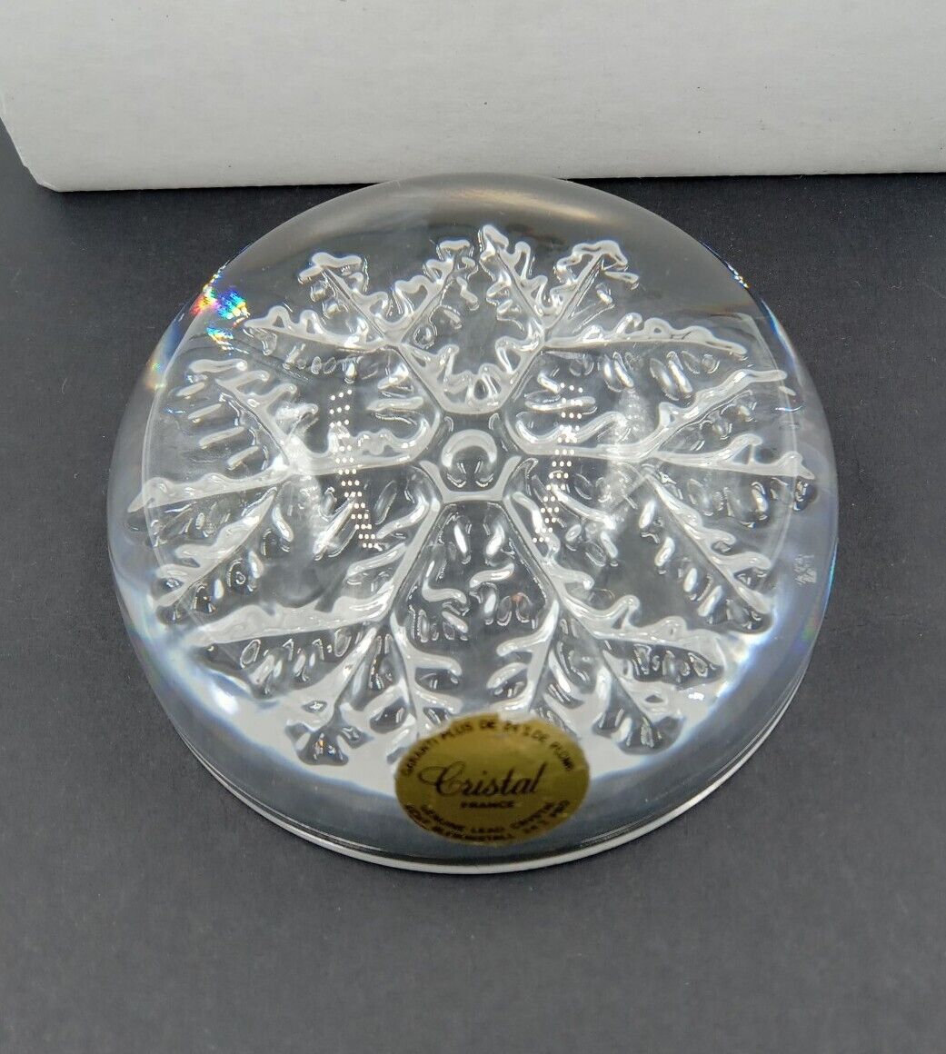  VTG Cristal France Crystal Snowflake Paperweight 1/2 Moon Shape Christmas Decor