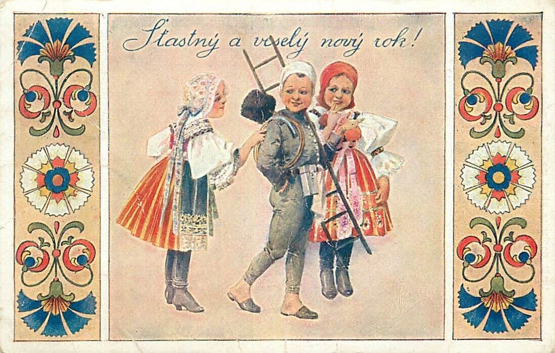 Czechoslovakia New Years Postcard 2 Young Girls Flirting w/ Chimney Sweep