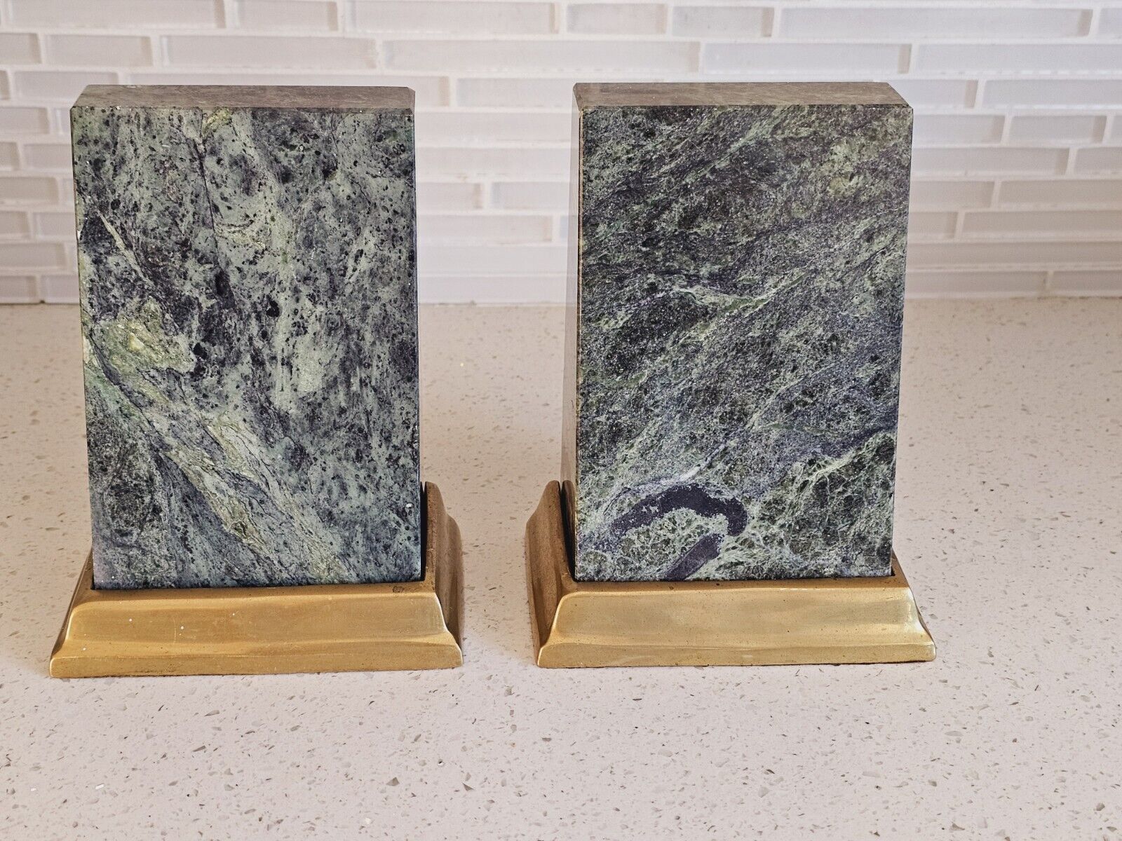 Vintage Marble Brass Bookends Set Green Gold Andrea by Sadek Library Decor