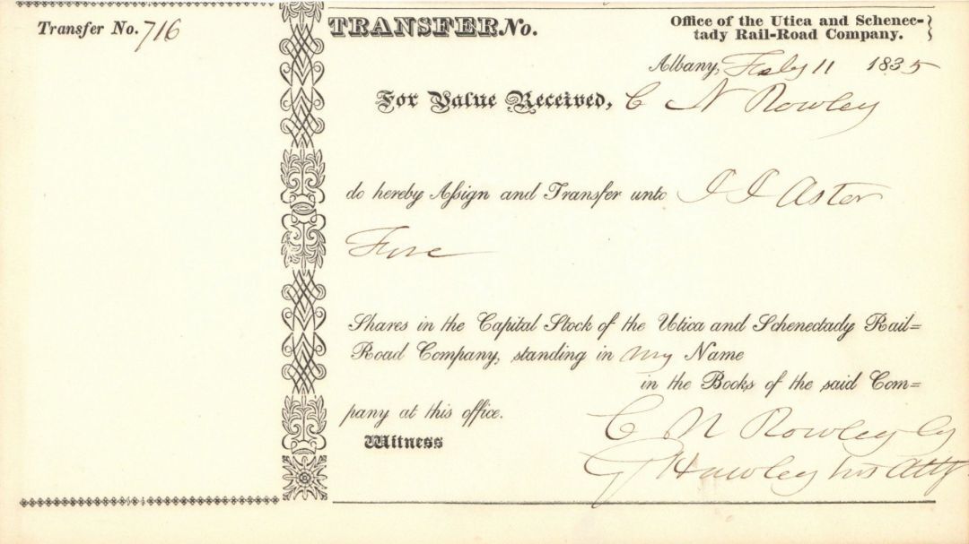 John Jacob Astor - Utica and Schenectady Railroad - Stock Transfer Receipt - Aut