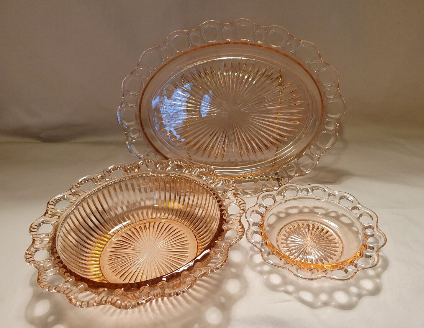 Vintage Anchor Hocking Old Colony Lace Edge, Pink Depression Glass, 3 Piece Set