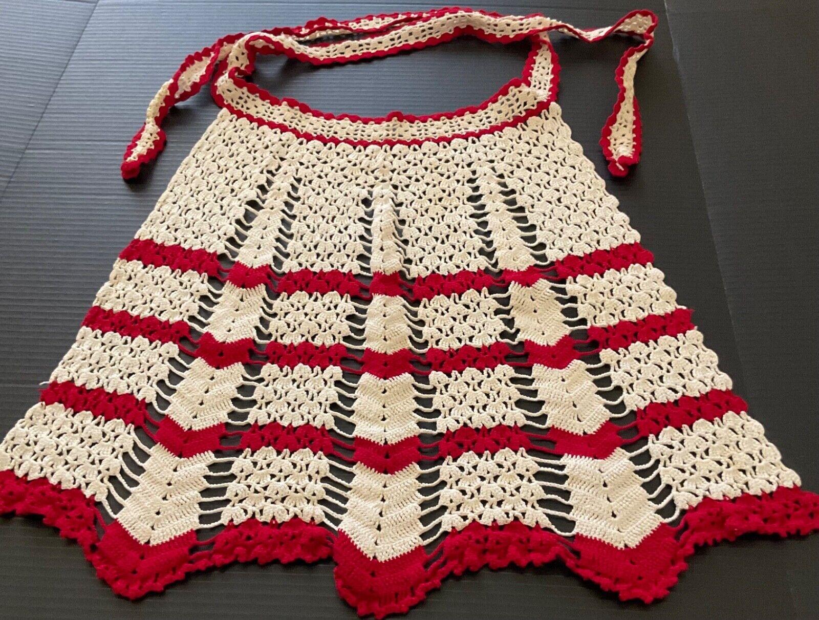 Vintage Hand made * Crochet in Red & Off White Half Apron* Adorable *
