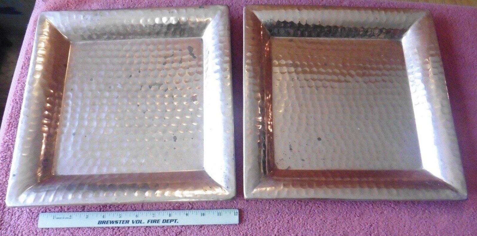 2 Handmade Hammered Copper Square Trays Plate 13.5” Some Vintage Patina Wall Art