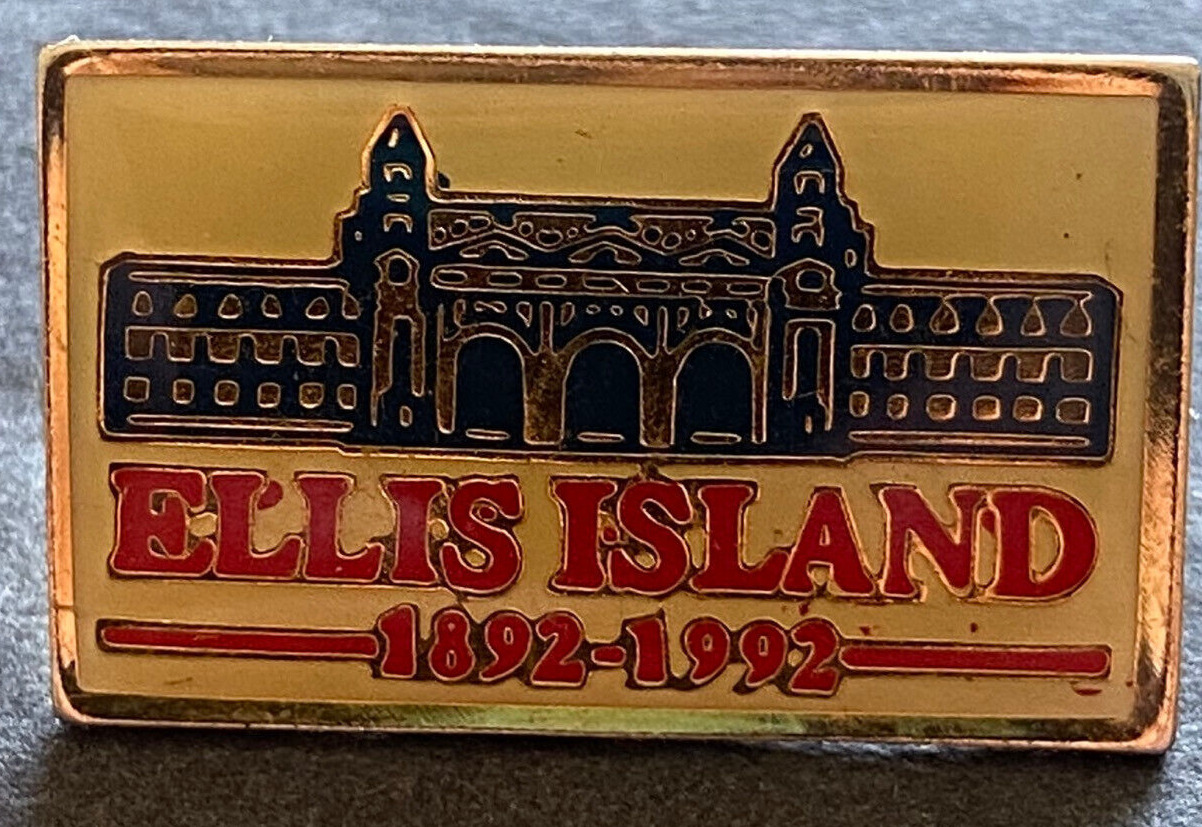 Vtg Ellis Island 1892-1992 100 year anniversary enamel pin label pinback