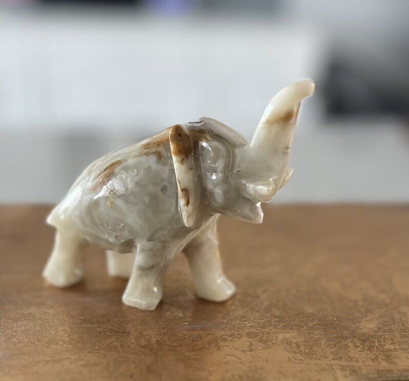 Vintage Hand-Carved Multi-Tone Onyx Trunk Up Lucky Elephant Figurine 4.5”x 3.5”