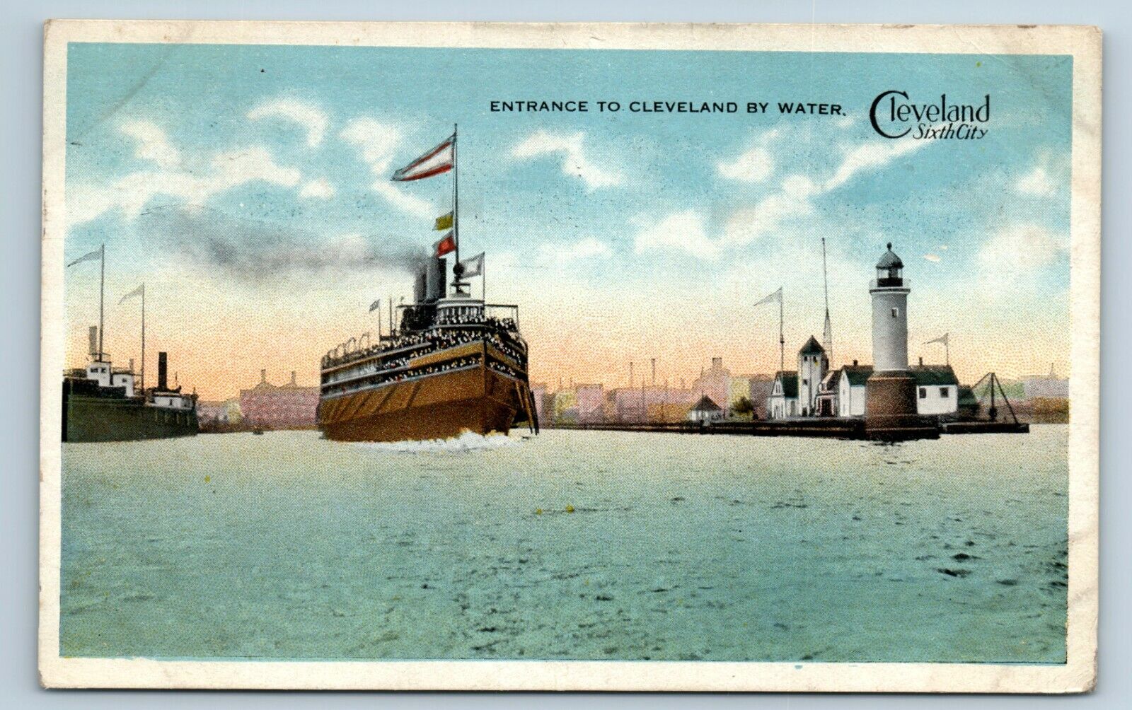 Postcard Entrance to Cleveland by Water ship light 1918 H95