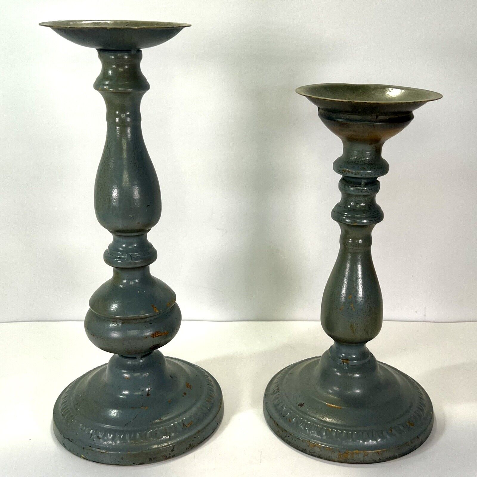 Pair Large Distressed Candle Stick Holders Painted Metal Antique Blue Brown Farm